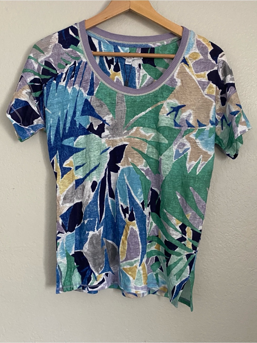Chico’s Linen Tee Women’s 0 S Lilac Blue Tropical Sweater Trim Dolman Sleeve NWT